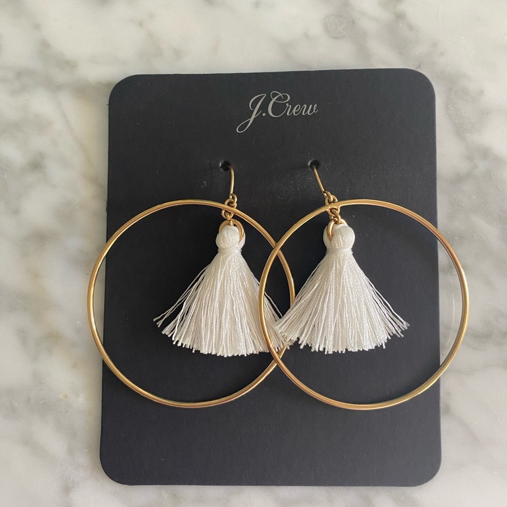 J. Crew New Gold Hoop Earrings with White Tassels NWT